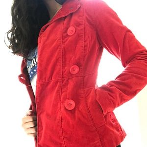 Bright red corduroy coat